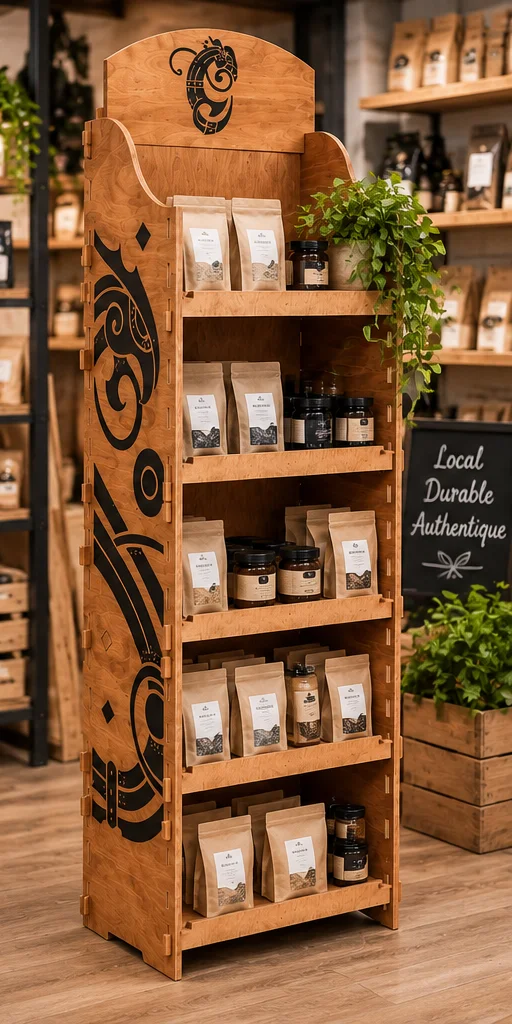 Présentoir boutique bois gravé sur-mesure